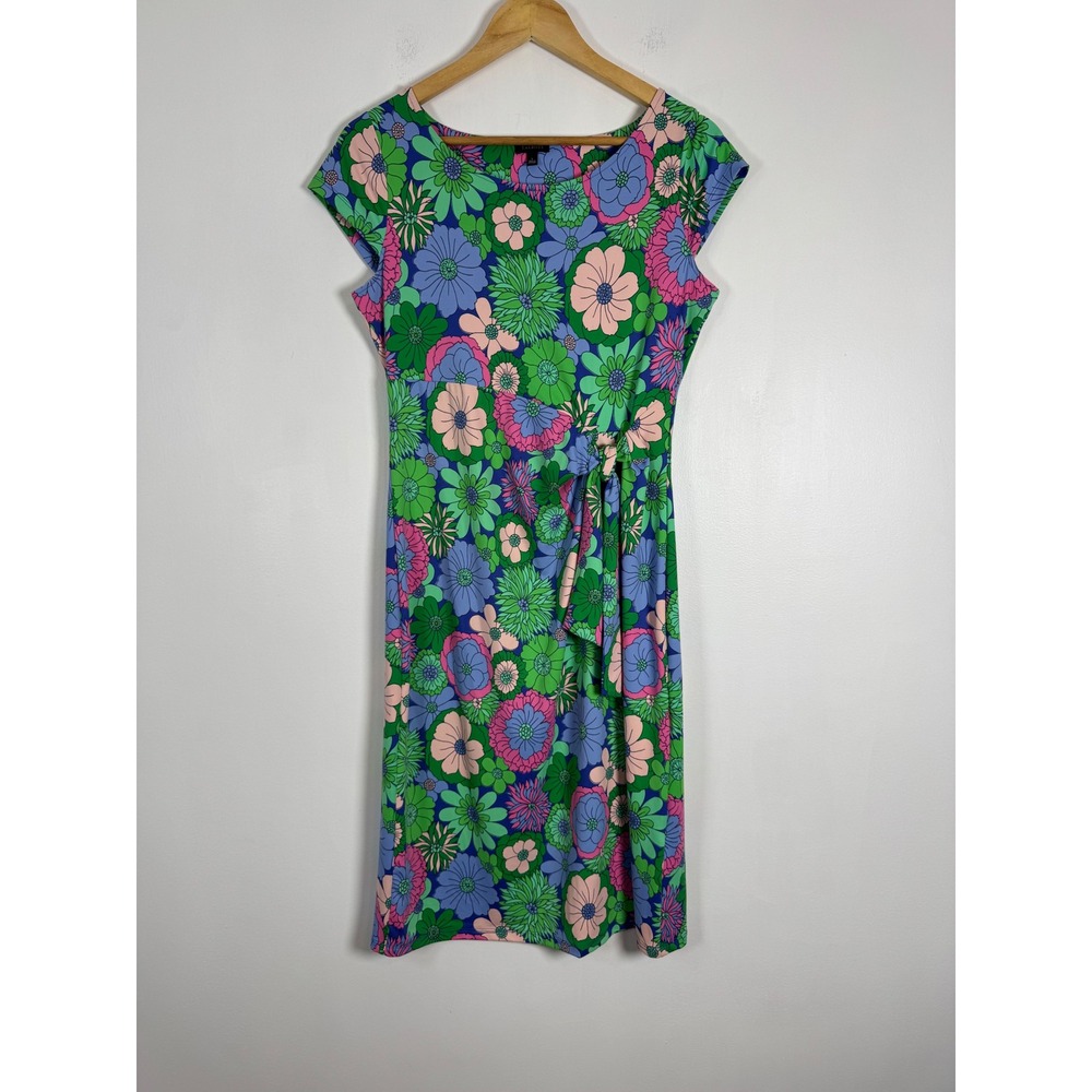 Retro Floral Talbots Womens Small Sheath Dress Blue Green Pink Cap Sleeve Tie